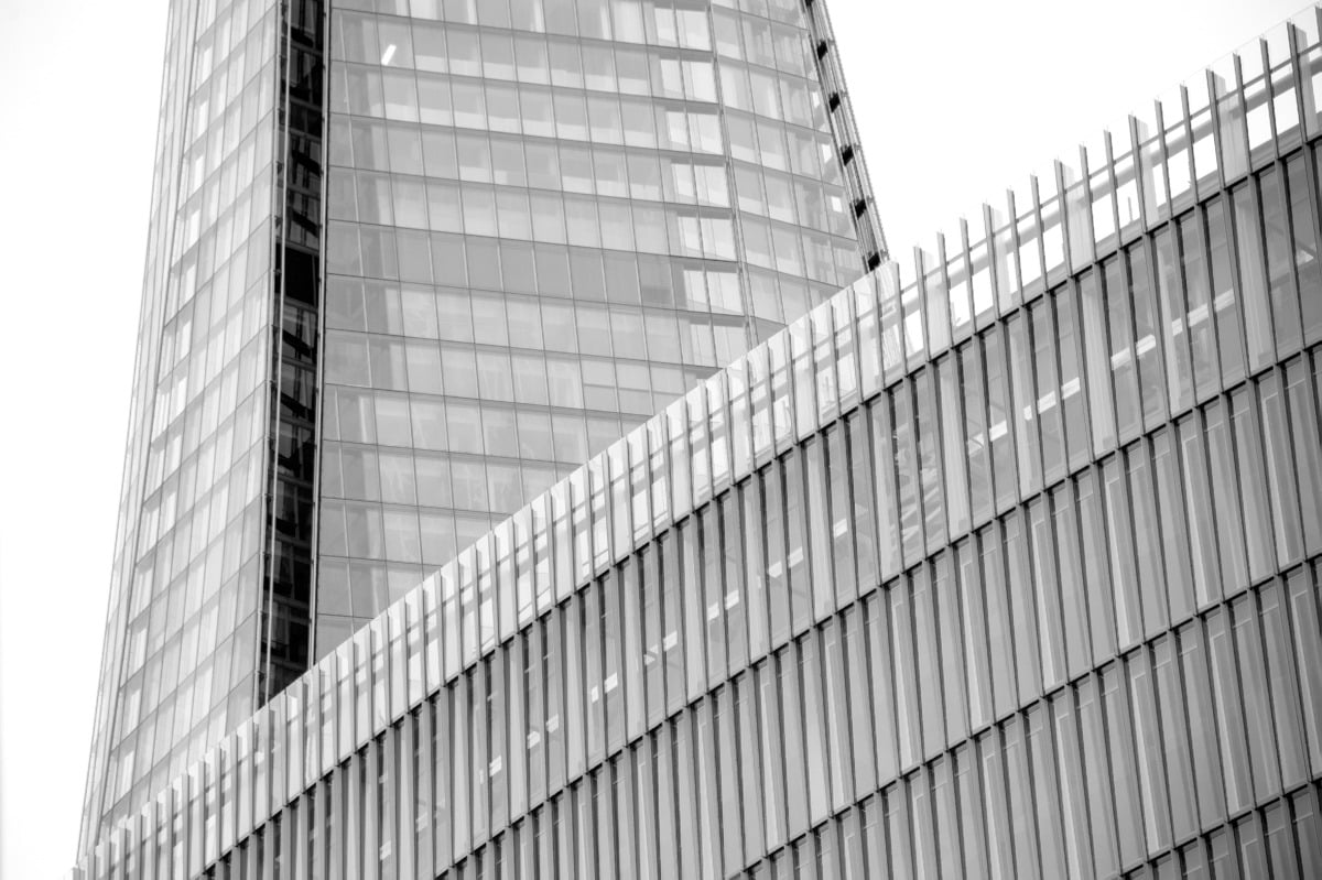 The base of the Shard is obscured by part of the London Bridge Bus Station near the Thames in the City of London. This image is part of our London architectural abstracts portfolio.