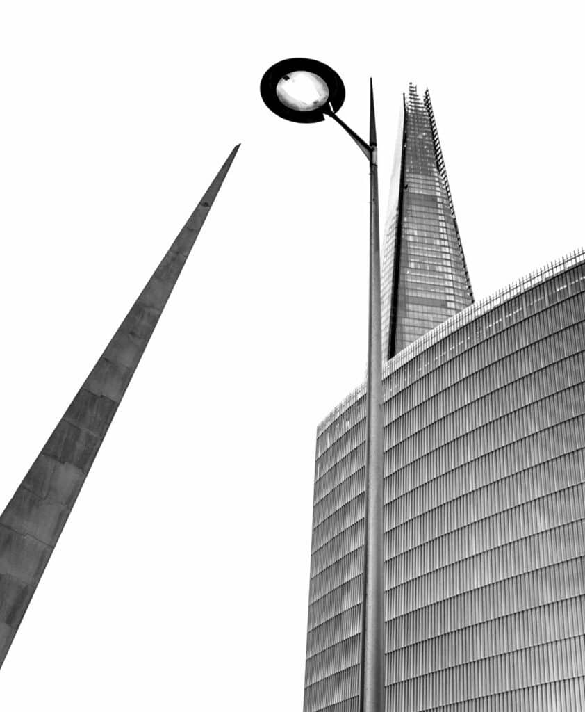 Here is a juxtaposition of the Needle Sculpture, a modern street lights and the Shard near London Bridge in London, England. This image is part of our London architectural abstracts portfolio.
