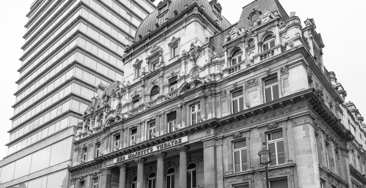 This view of Her Majesty's Theatre, in the French Renaissance style, is juxtaposed with the banal style of the glass and steel High Commission for New Zealand building-a truly aweful combination of mediocrity.