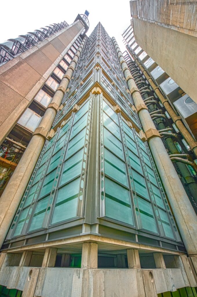 The Lloyd’s building was designed by the architect Richard Rogers and took eight years to build. Access to the upper glassed-in floors is by exterior elevator.