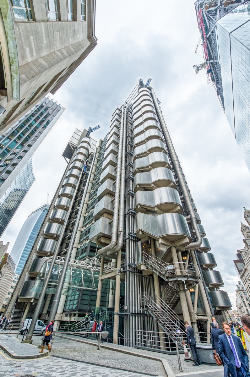 The Lloyd’s building was designed by the architect Richard Rogers and took eight years to build. Access to the upper glassed-in floors is by exterior elevator.