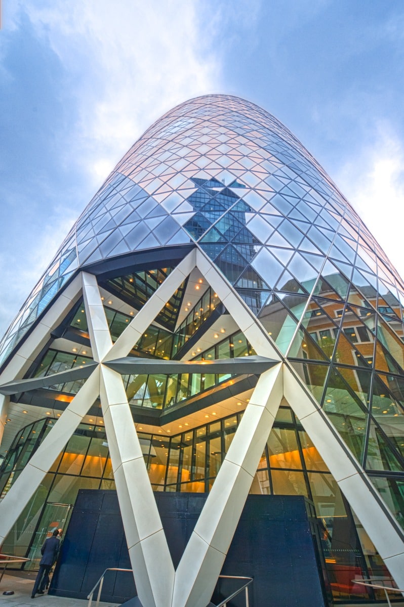 This view of the Gherkin was taken at street level along St. Mary Axe in the City of London, England.