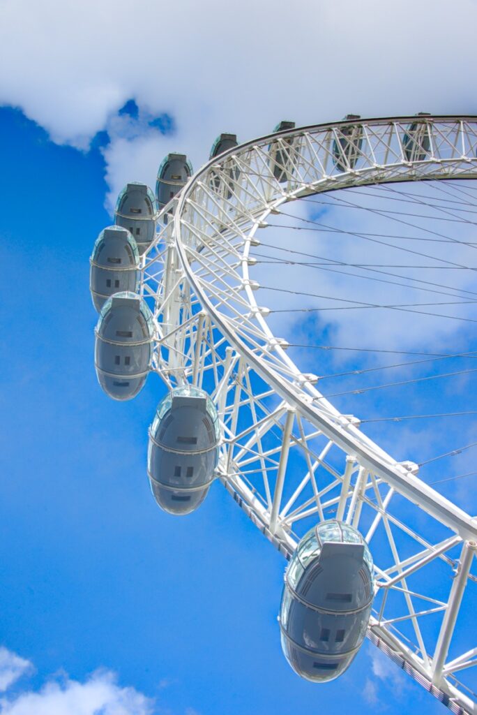 Here is a view of the London Eye as seen from the base. This observation wheel sits on a double pier on the south bank of the Thames River in London, England.