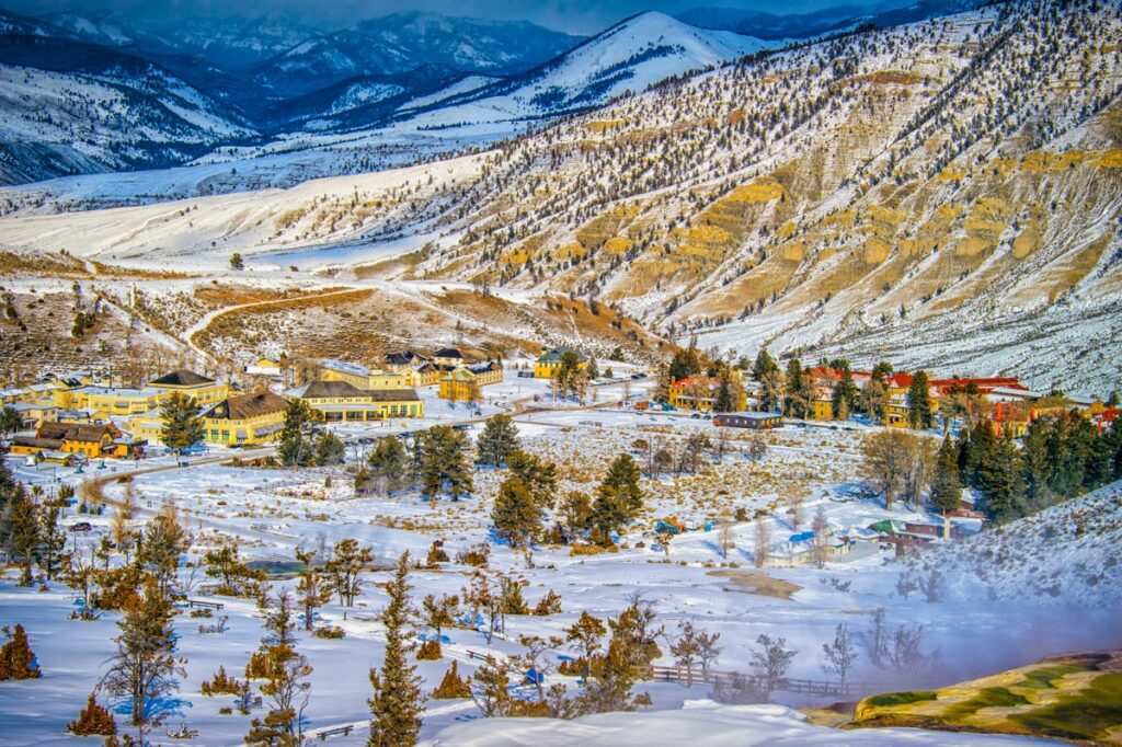 This is a view looking down at Mammoth village and Fort Yellowstone in Yellowstone National Park, Wyoming.