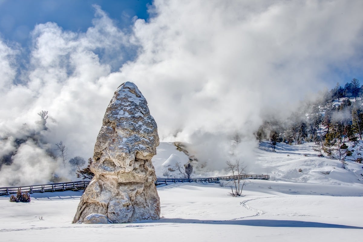 This is a portrait of Liberty Cap Dome, a dorman geyser near Mammoth Hot Springs, off Beaver Ponds Trail in Yellowstone National Park.