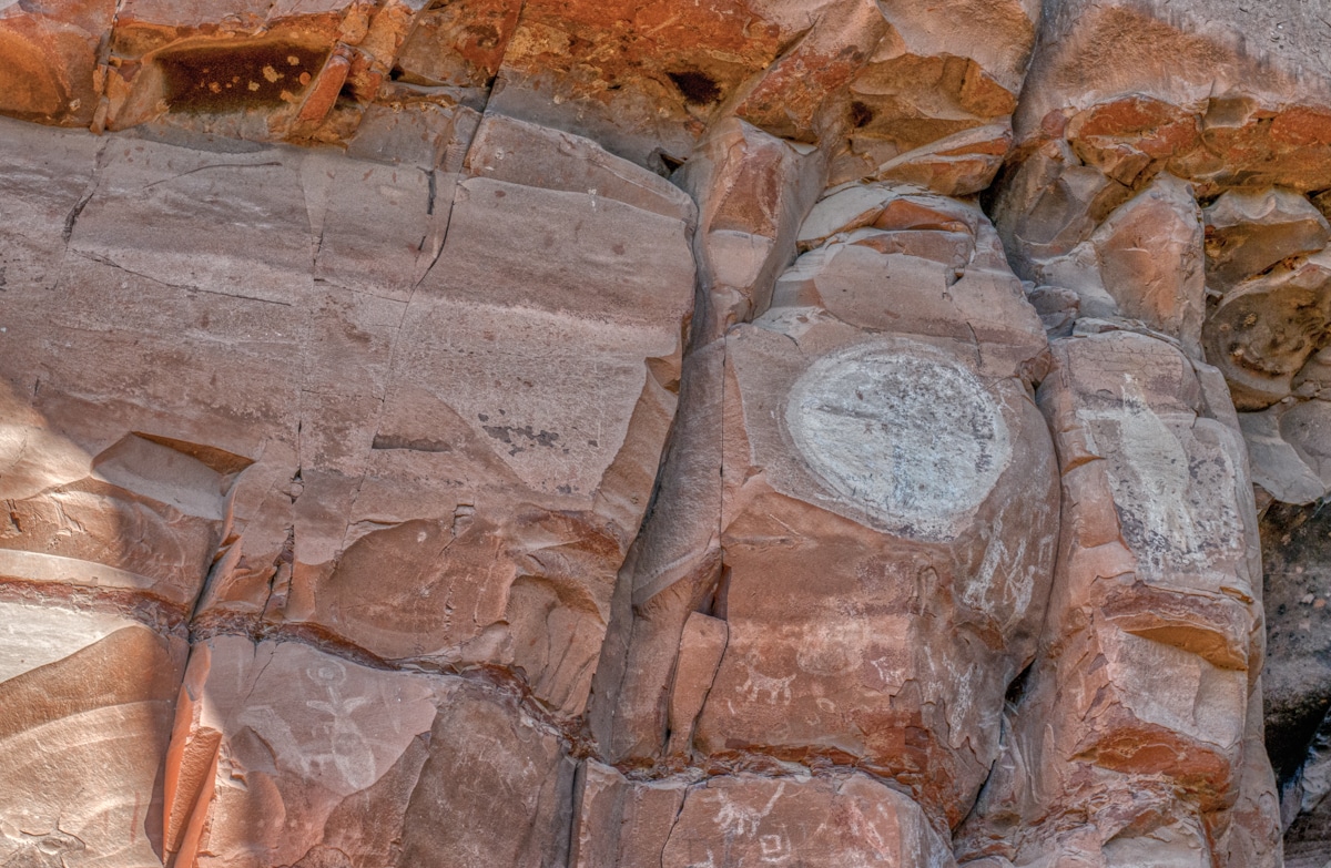 Closeup of ancient Sinaguan pictographs and ruins at Honanki Heritage Site, near Sedona, Arizona. Is that a moon figure?