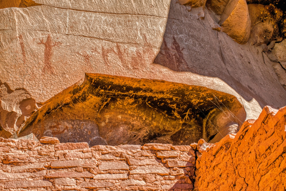 Closeup of ancient Sinaguan pictographs and ruins at Honanki Heritage Site, near Sedona, Arizona.