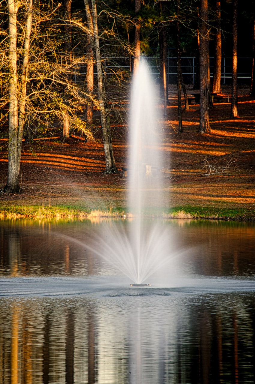 This is a picture of the fountain in the middle of the lake at Evergreen Municipal Park in Evergreen, Alabama.