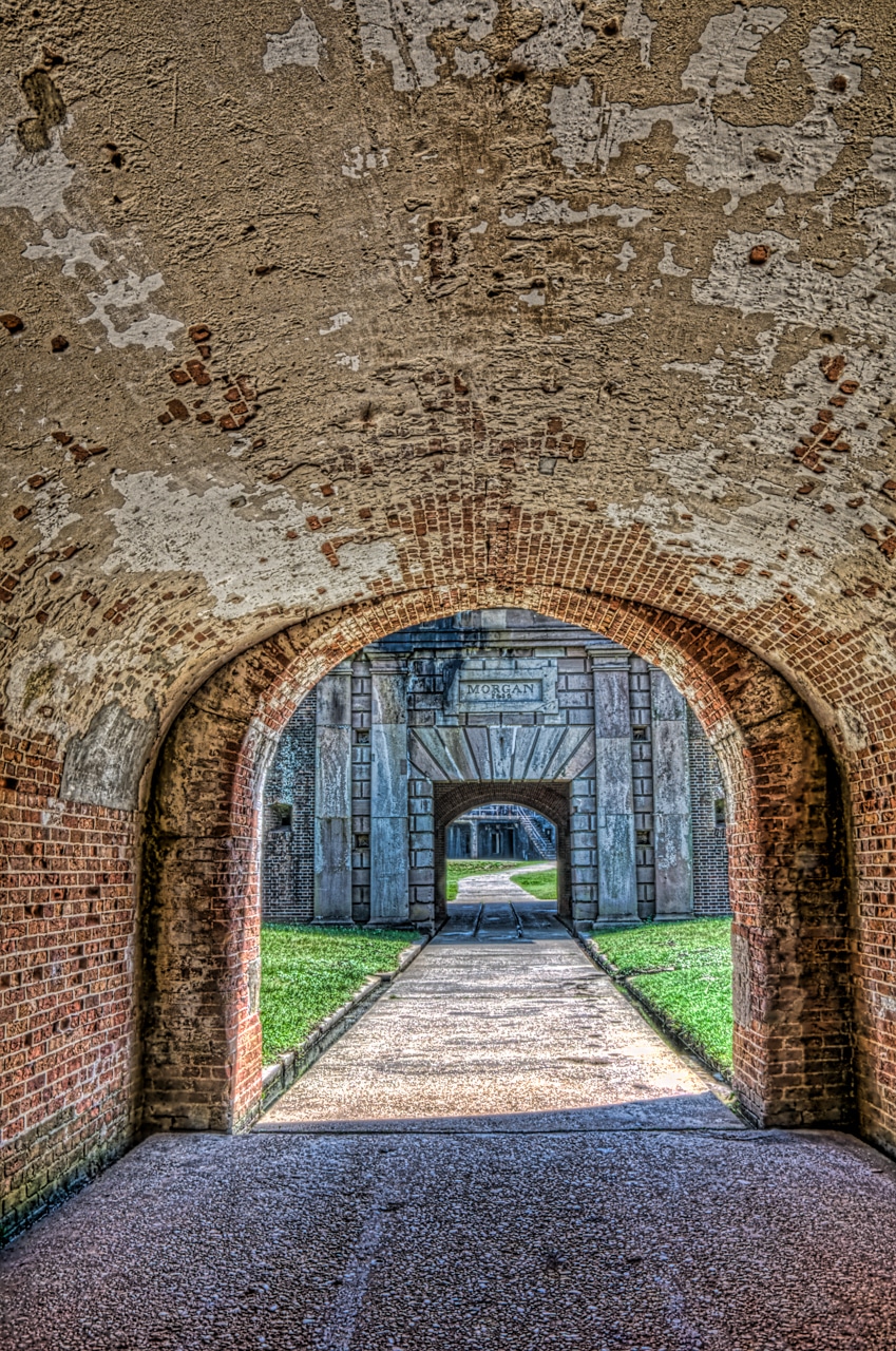 Looking into Fort Morgan, from the brick-walled sally port.