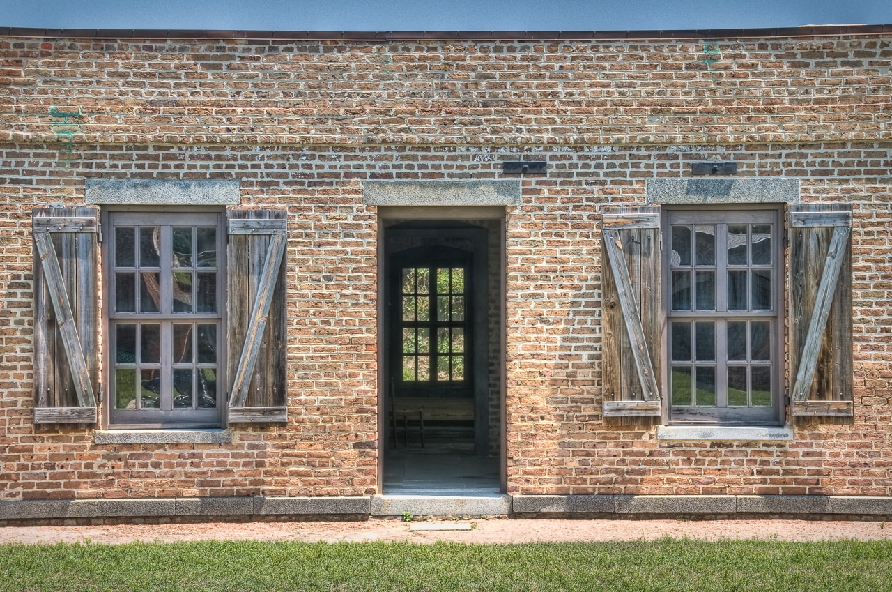 A brick and granite facade from a Civil War-era building within Fort Gaines on Dauphin Island, Alabama.