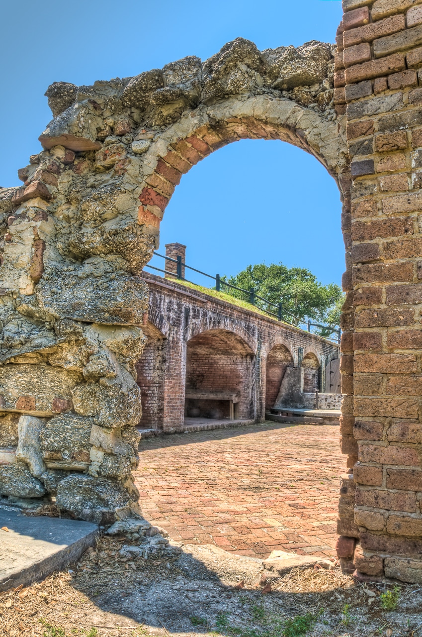 A view through an archway into the kitchen courtyard at Fort Gaines on Dauphin Island, Alabama.
