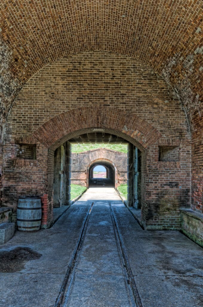 Looking out of Fort Morgan through the sally port toward Mobile Bay.