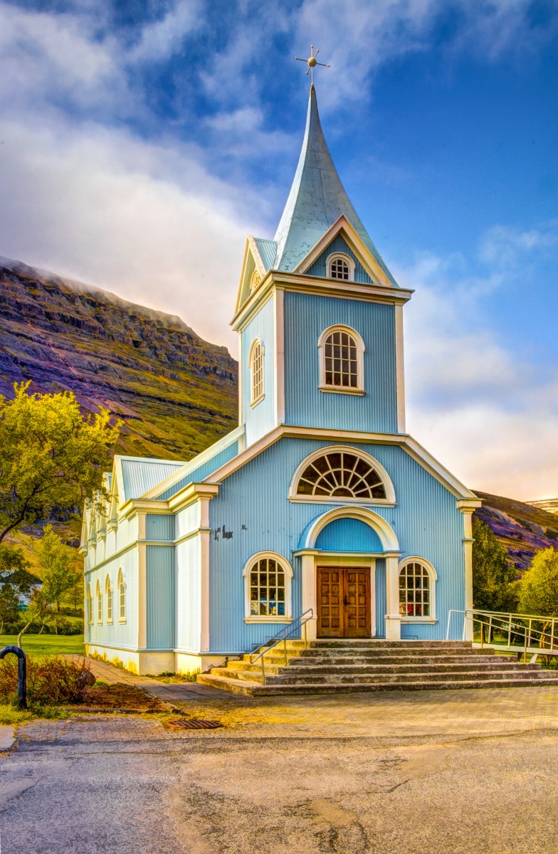 Bláa Kirkjan, or blue church, is one of the lovliest buildings in the village of Seyðisfjörður. Not only is it a place of worship, but it also serves as a venue for jazz, classical and folk concerts during the summer.