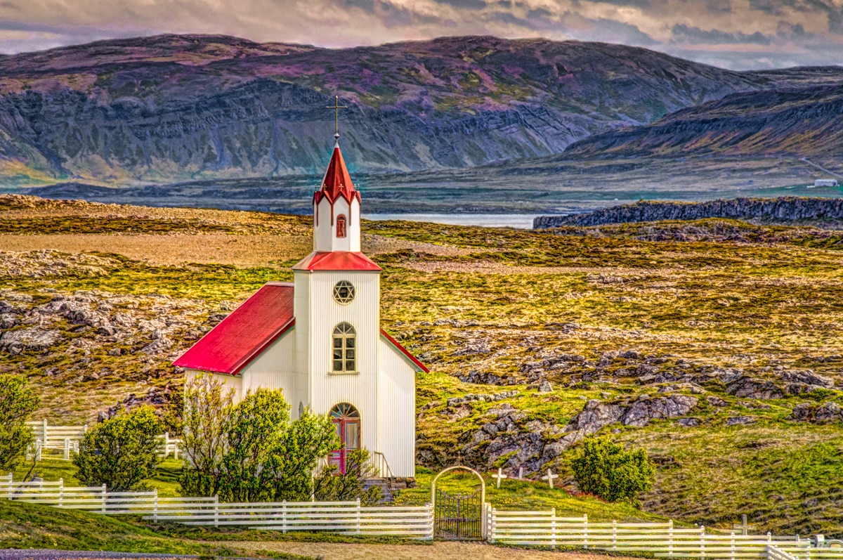 Church at Helgafell, just south of Stykkishólmur on the Snæfellsnes peninsula in western Iceland.