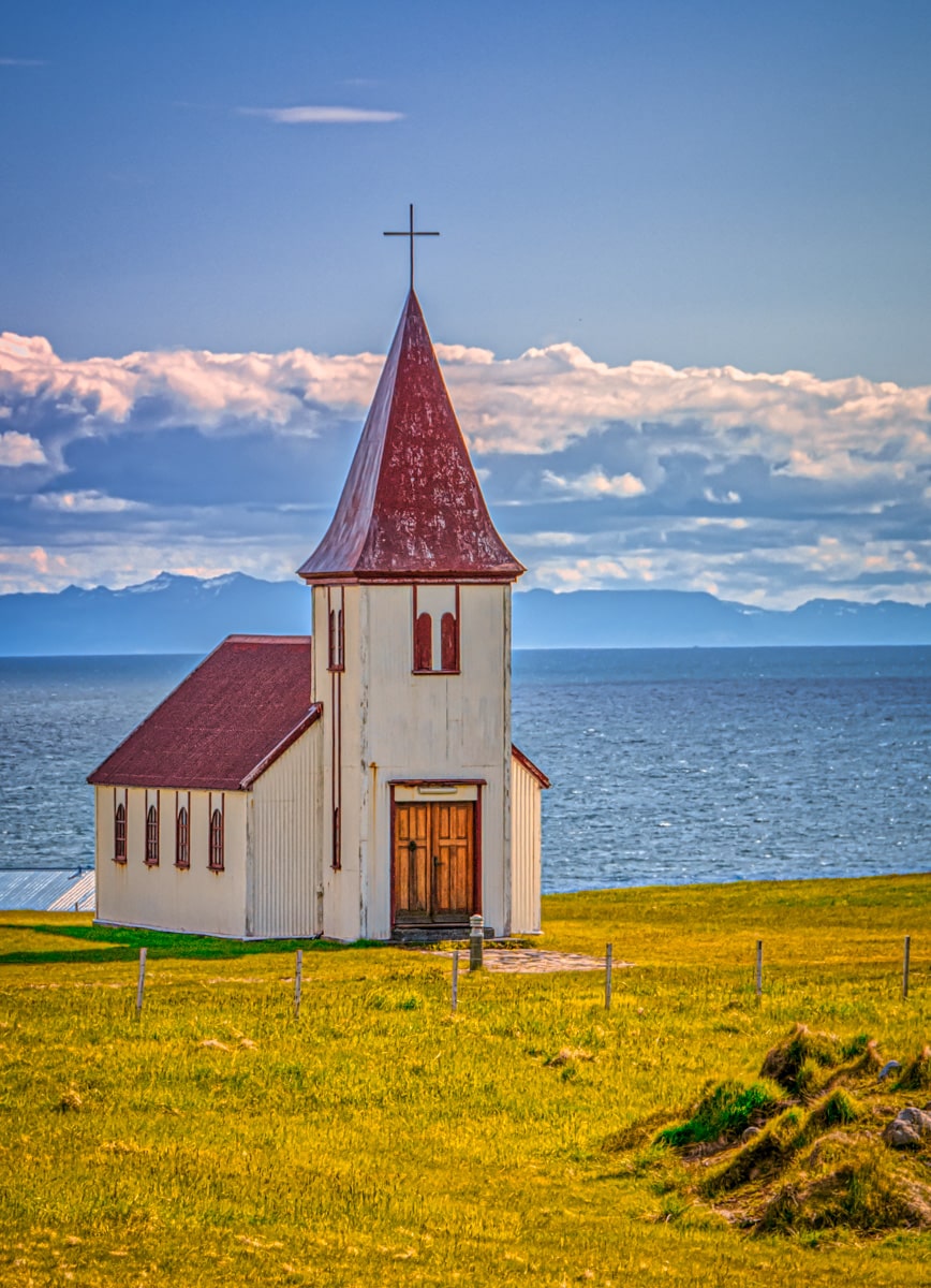 This church near Hellnar sits below the Snaefellsjokull ice cap.