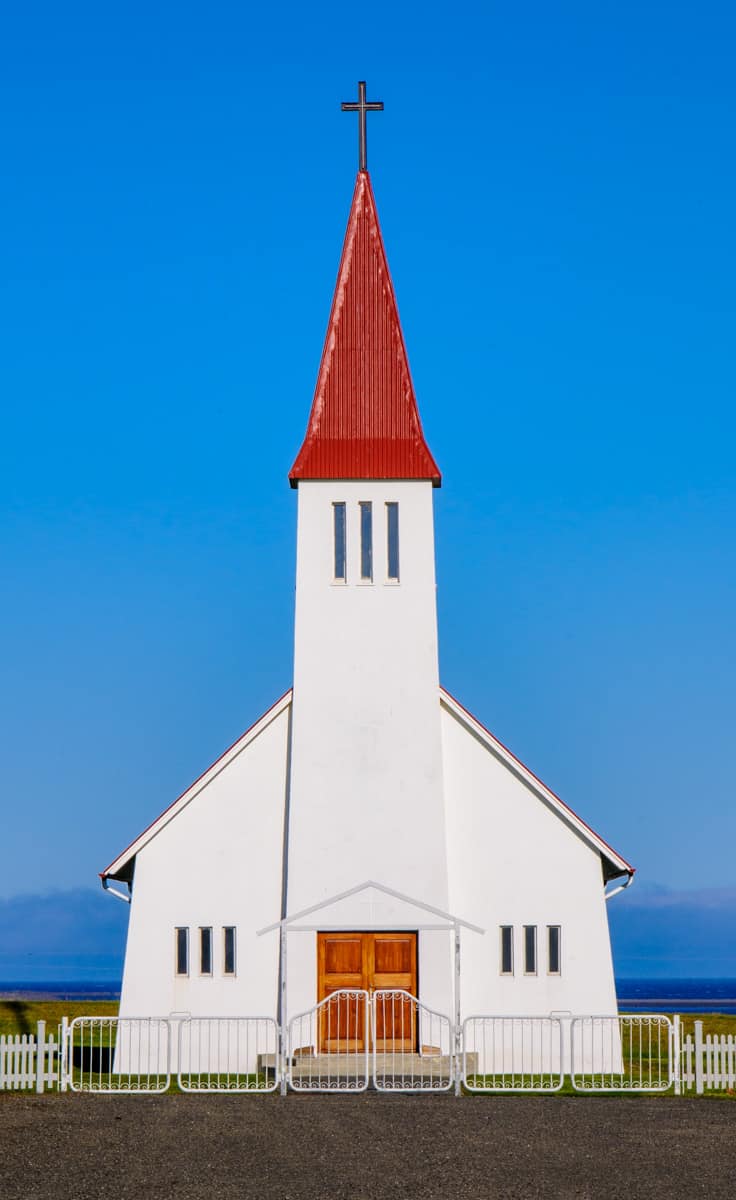 The church at Heydalir, often called Eydalir, is part of a farm and parson- age complex.An older church, built in 1856, sat nearby and was former- ly considered one of the richest parishes in Iceland.This older church, which stood beside the new church pictured here, burned down under suspicious circumstances.