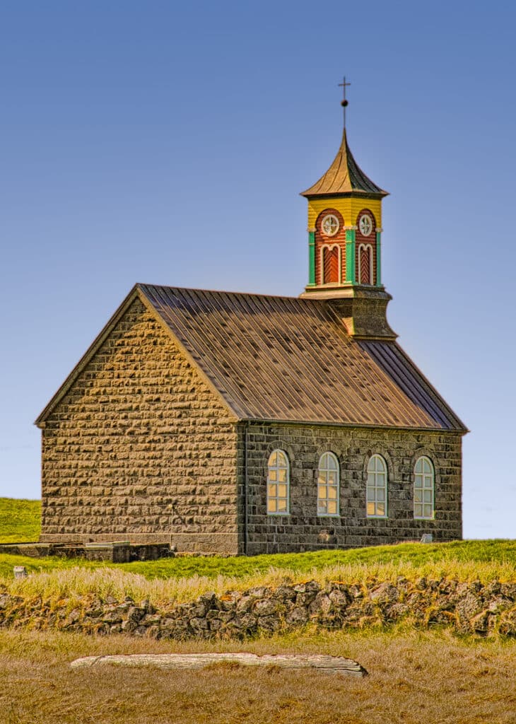 Stone church in Hvalsnes, overlooking the Atlantic, just west of the Keflavik Airport in Iceland.