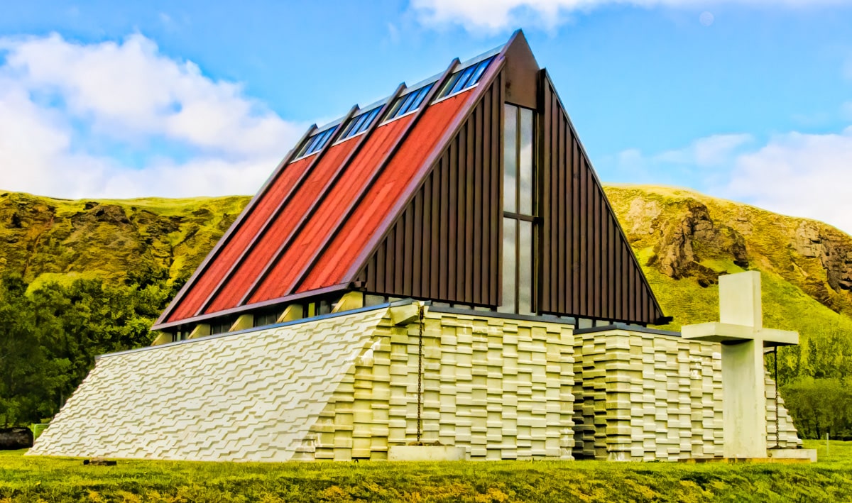 This modern church in Kirkjubaejarklaustur (referred to locally as Klauster) was built in 1974, a short distance from the foundations of one of the oldest religious buildings in Iceland, a Benedictine convent founded in 1186. The texture of the materials along with the A-frame design create a pleasing composition.