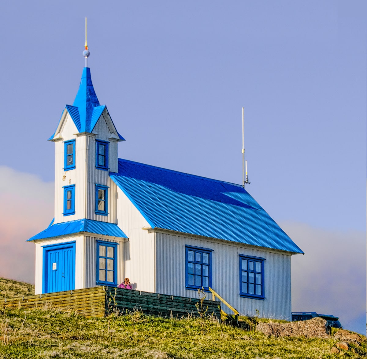 Now for something a little different. Kirkjubær, in Stöðvarfjörður, is a deconsecrated church that has been transformed into a guesthouse.This was the first of several church buildings we encountered with a blue and white color scheme.