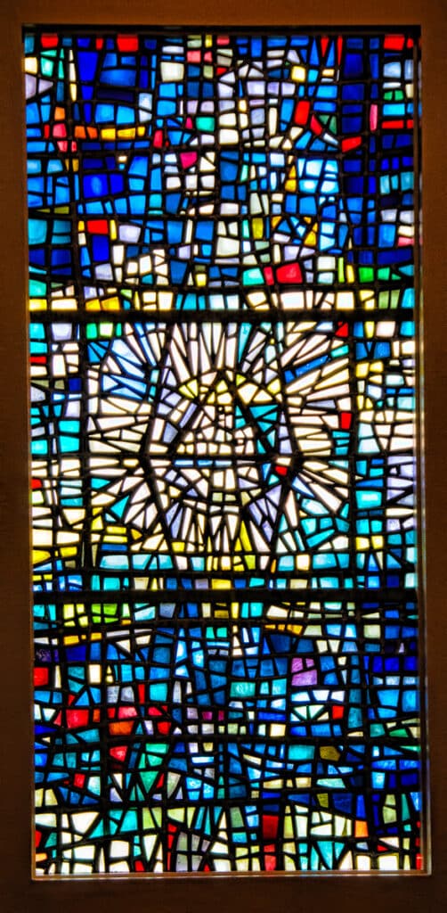 This is a close-up of one of the magnificient leaded glass windows, created by Icelandic artist Gerður Hel- gadóttir, for Skálholt Church.