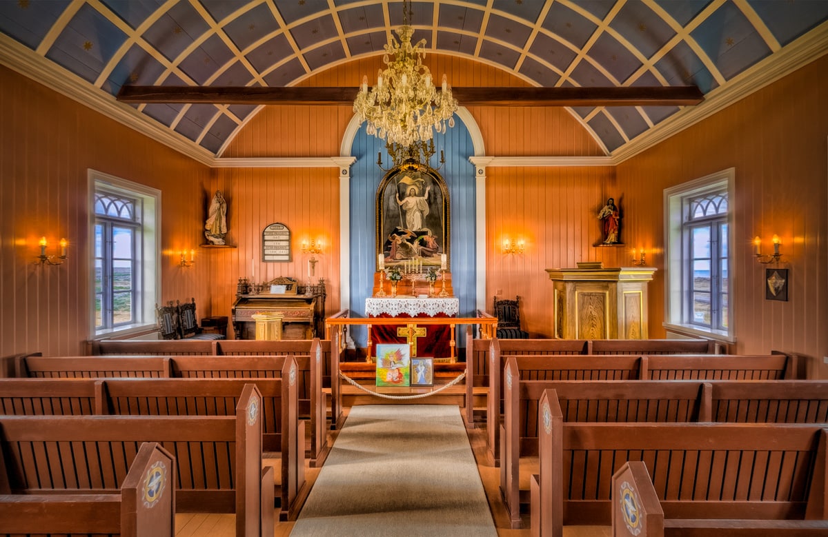 Interior view of Strandarkirkja, a small church on the southern coast of Reykjanes in Iceland.