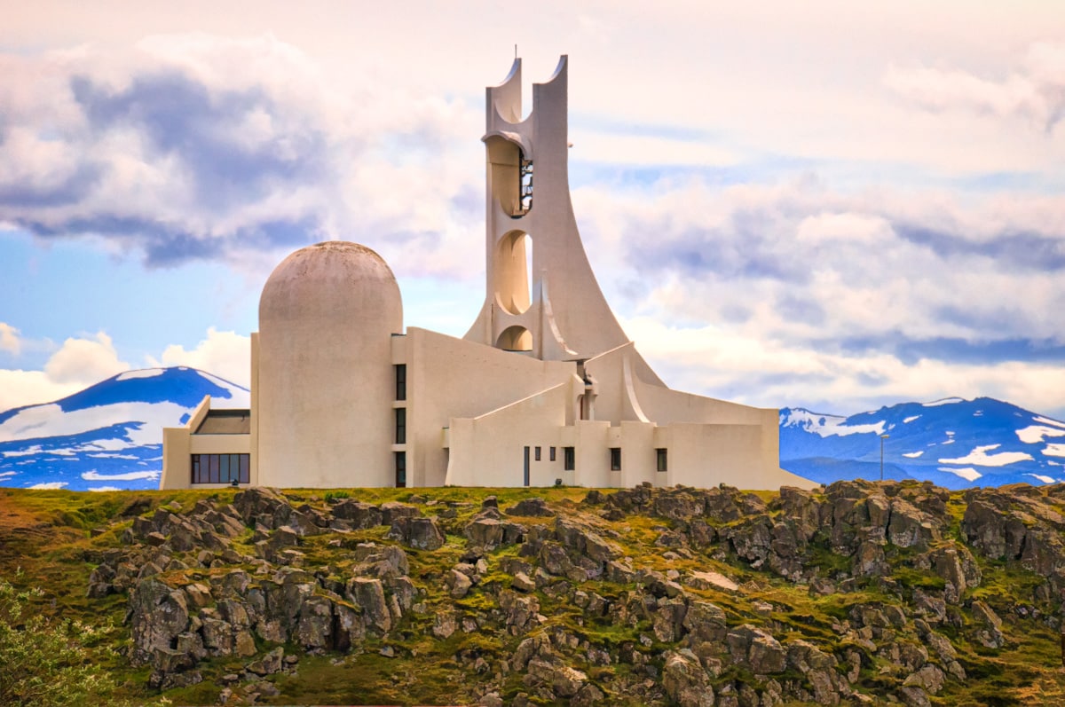 This white concrete church, in Stykkishólmur, was consecrated in 1980. Standing high on a hill overlooking the town, the structure looks a little like a nuclear power facility—especially the apse, which makes me think of a cooling tower.