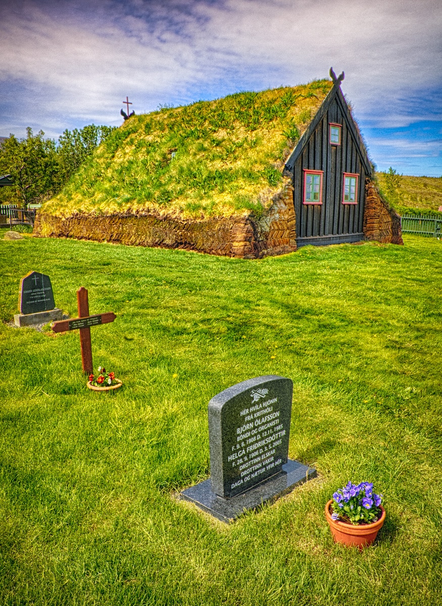 The church Víðimýrarkirkja in northern Iceland. The turf roof and sod bricks made the most of what little wood could be spared for construction.