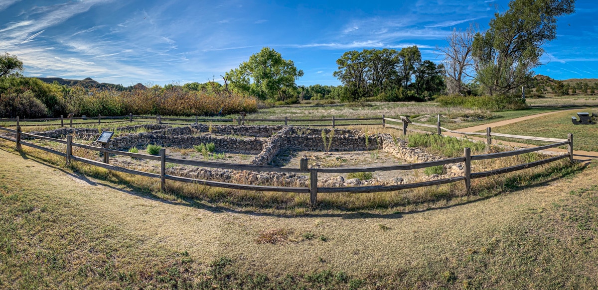 The reconstructed foundations of a pueblo, which was built by refugees of the Taos Pueblo in New Mexico in the 1600s. It is located in Lake Scott State Park, Kansas.