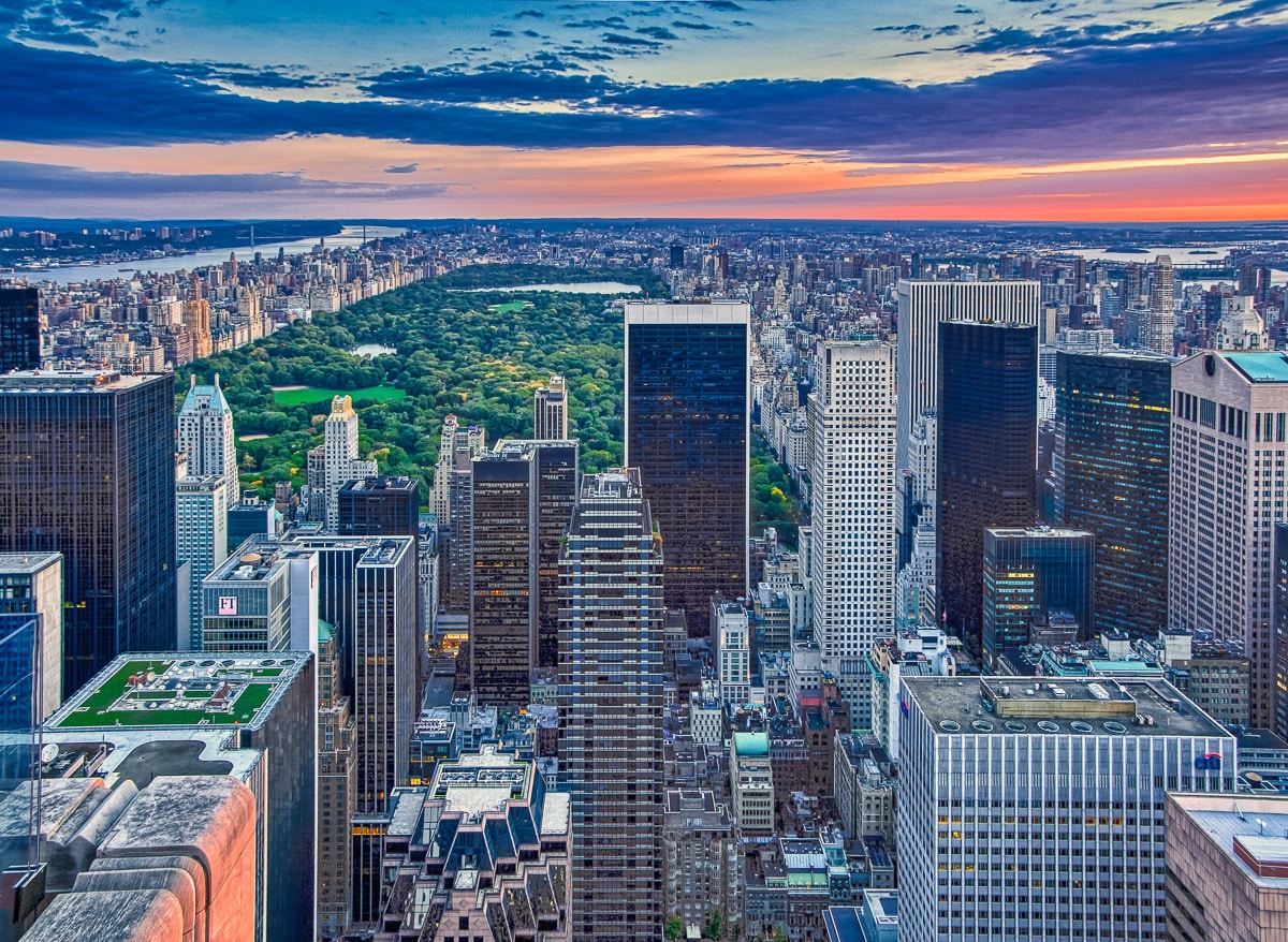 Sunrise view of Central Park in New York City taken from the top of 30 Rockefeller Center.