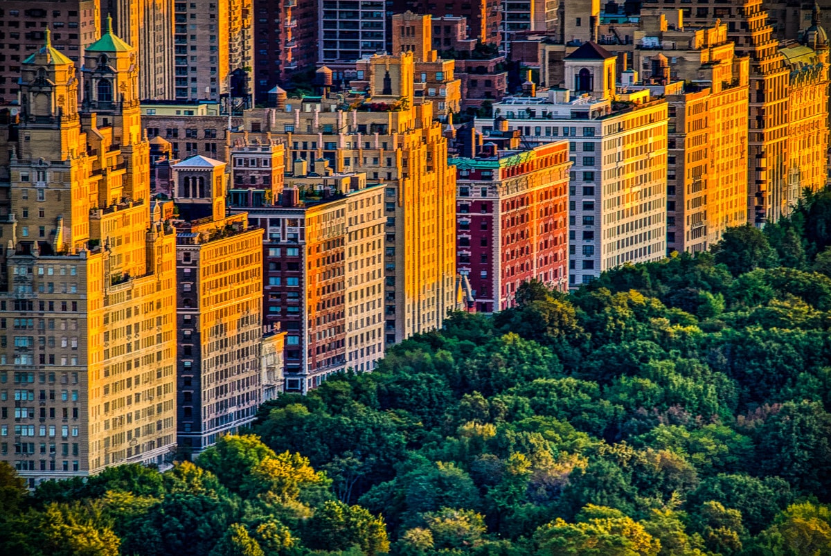 A view of the apartment buildings along Central Park West ,with the Beresford to the left, in New York City.