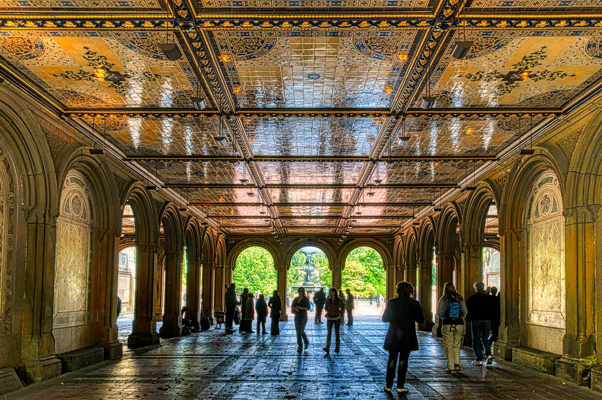 Minton tiles are featured in this view of the Bethesda Fountain through the arcade beneath the Bethesda Terrace in Central Park in New York City.