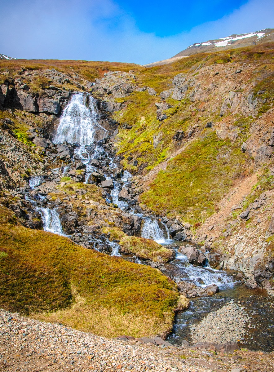 This unnamed cascade is located northwest of Borgarfjörður Eystri on Highway 94.