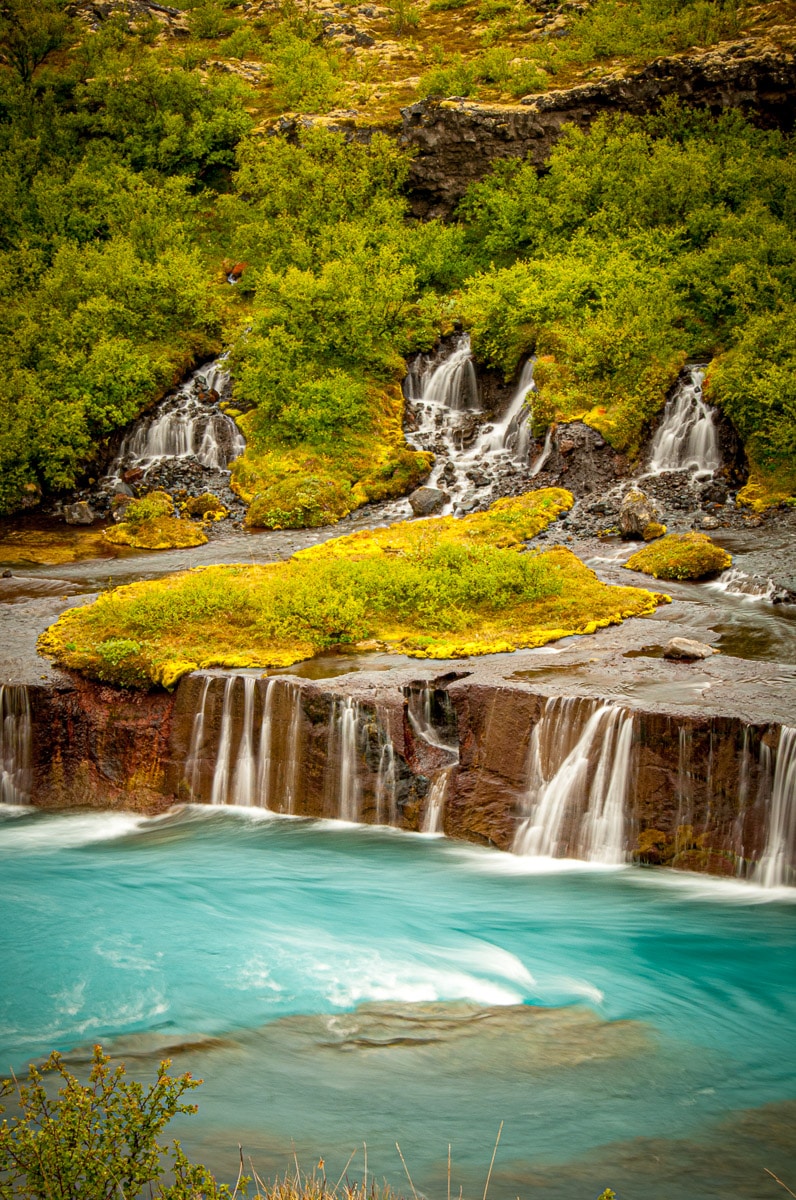 A short section of the waterfall Hraunfossar in southwestern Iceland, along the Hvita River.