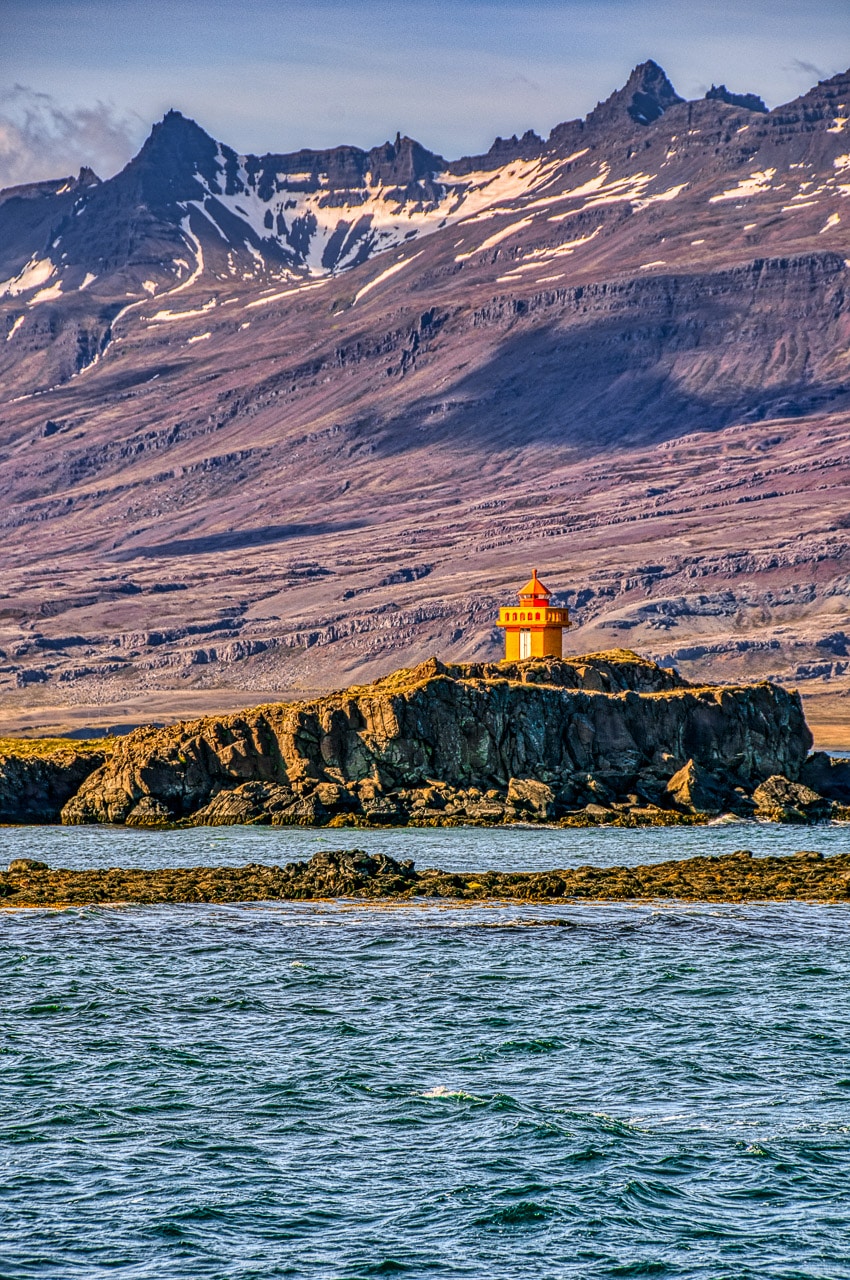 The Æðarstein Lighthouse is at the town of Djúpivogur in south Iceland.