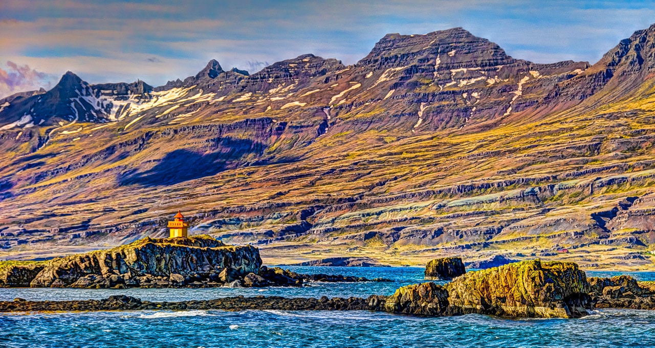 The Æðarstein Lighthouse at the town of Djúpivogur in south Iceland.