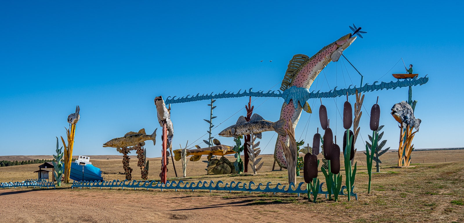 This is an overview of the sculpture by Gary Greff, called Fisherman's Dream. It is located along the Enchanted Highway, between I-94 and Regent, North Dakota.