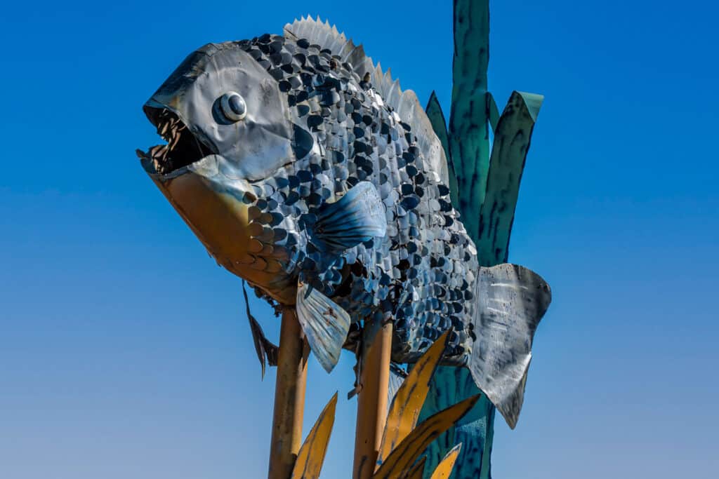 This is a closeup of one of the fish in the sculpture by Gary Greff, called Fisherman's Dream. It is located along the Enchanted Highway that runs between I-94 and Regent, North Dakota.
