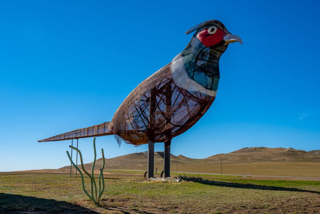 This is part of the sculpture by Gary Greff called Pheasants on the Prairie, located along the Enchanted Highway running between I-94 and Regent, North Dakota.