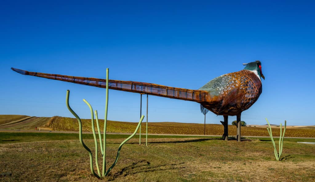 This is the rear view of one part of the sculpture by Gary Greff called Pheasants on the Prairie, located along the Enchanted Highway running between I-94 and Regent, North Dakota.