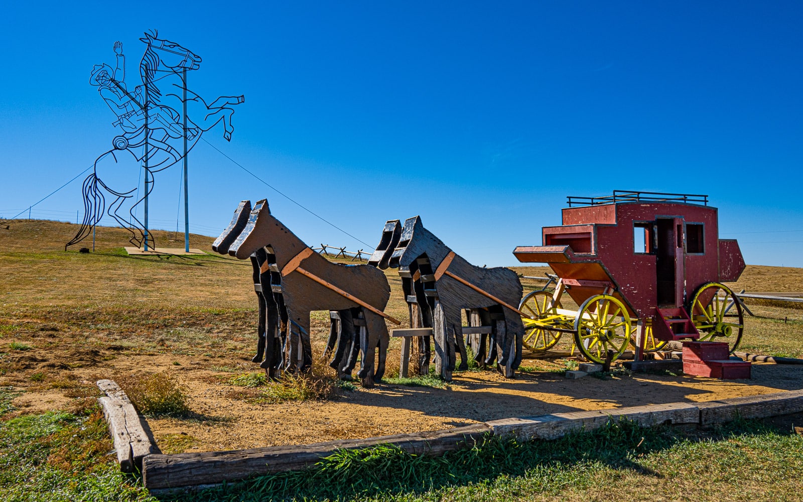 This is an overview of the sculpture by Gary Greff called Teddy Rides Again. It is located along the Enchanted Highway running between I-94 and Regent, North Dakota.