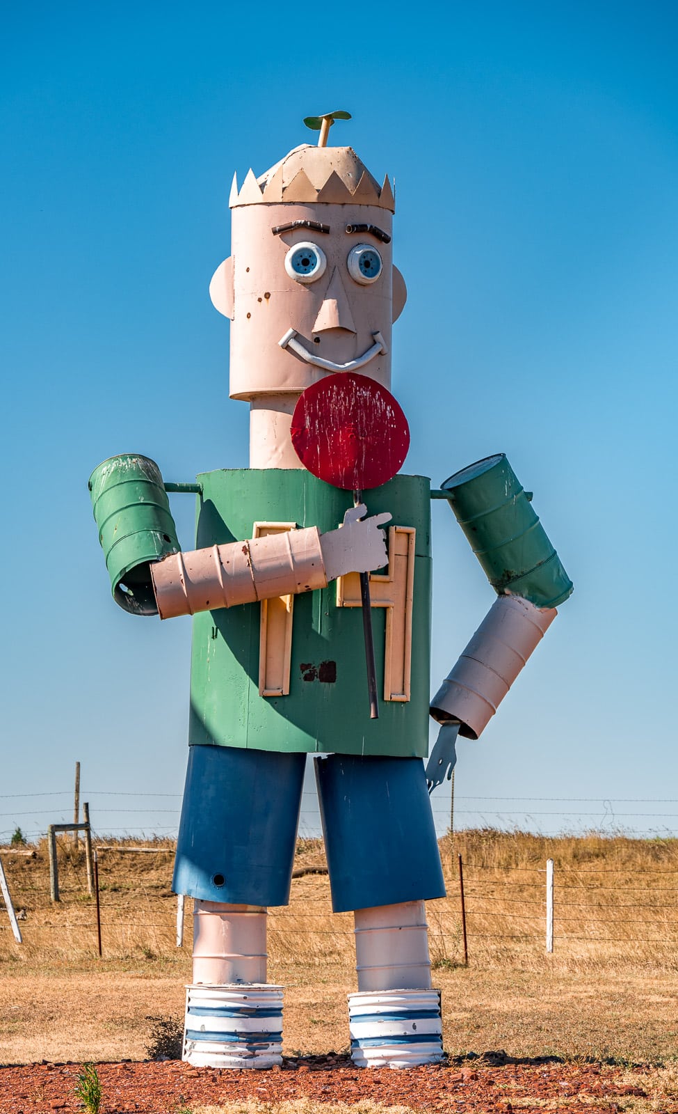 This is a head-to-toe statue of Junior in the sculpture by Gary Greff called The Tin Family. It is located along the Enchanted Highway running between I-94 and Regent, North Dakota.
