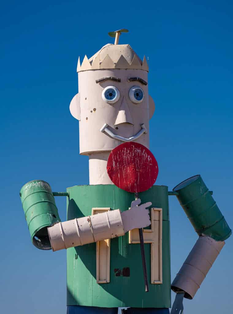 This is a closeup of Junior in the sculpture by Gary Greff called The Tin Family. It is located along the Enchanted Highway running between I-94 and Regent, North Dakota.