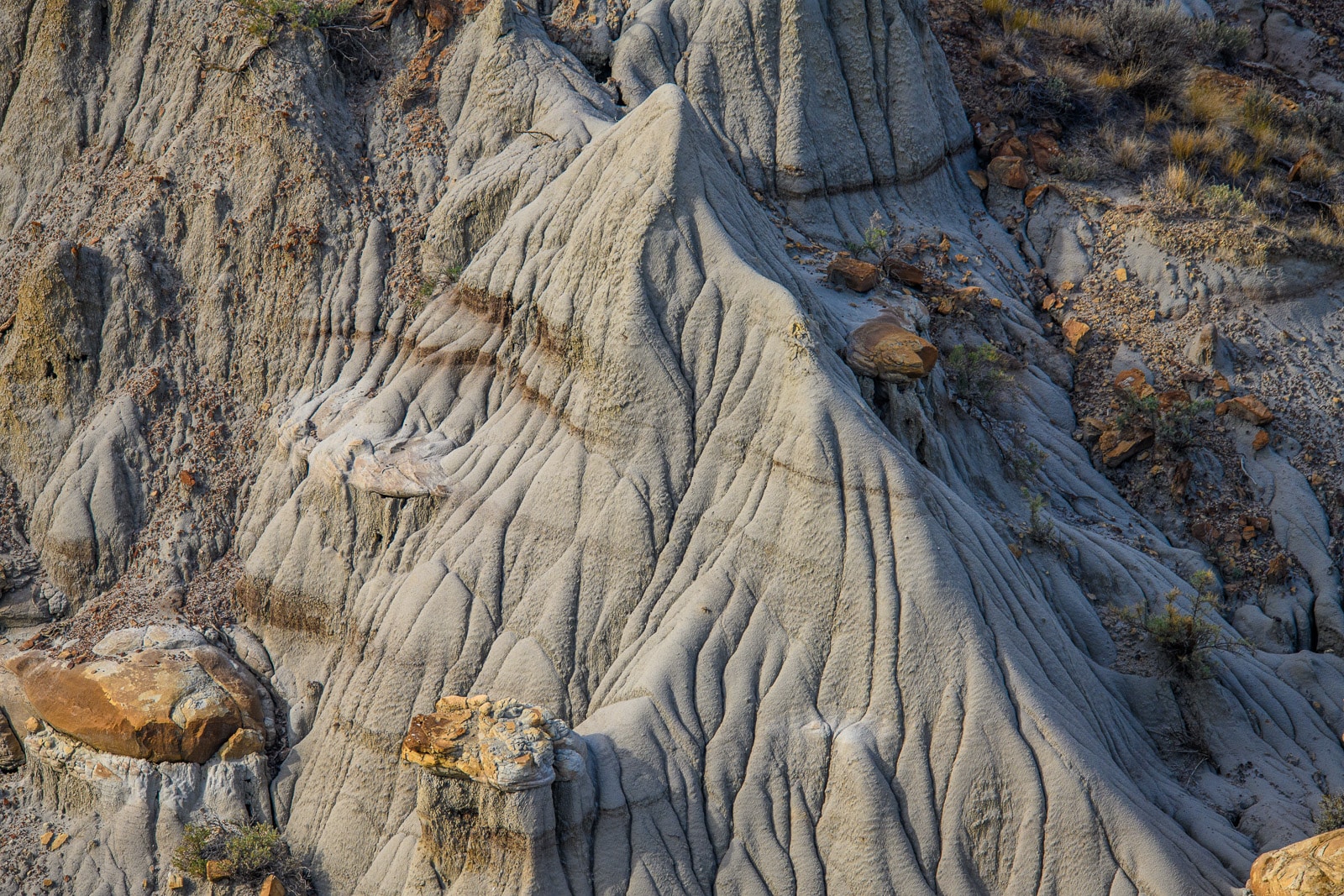Closeup of rock formations and concretions in the badlands of Makoshika State Park near Glendive, Montana.