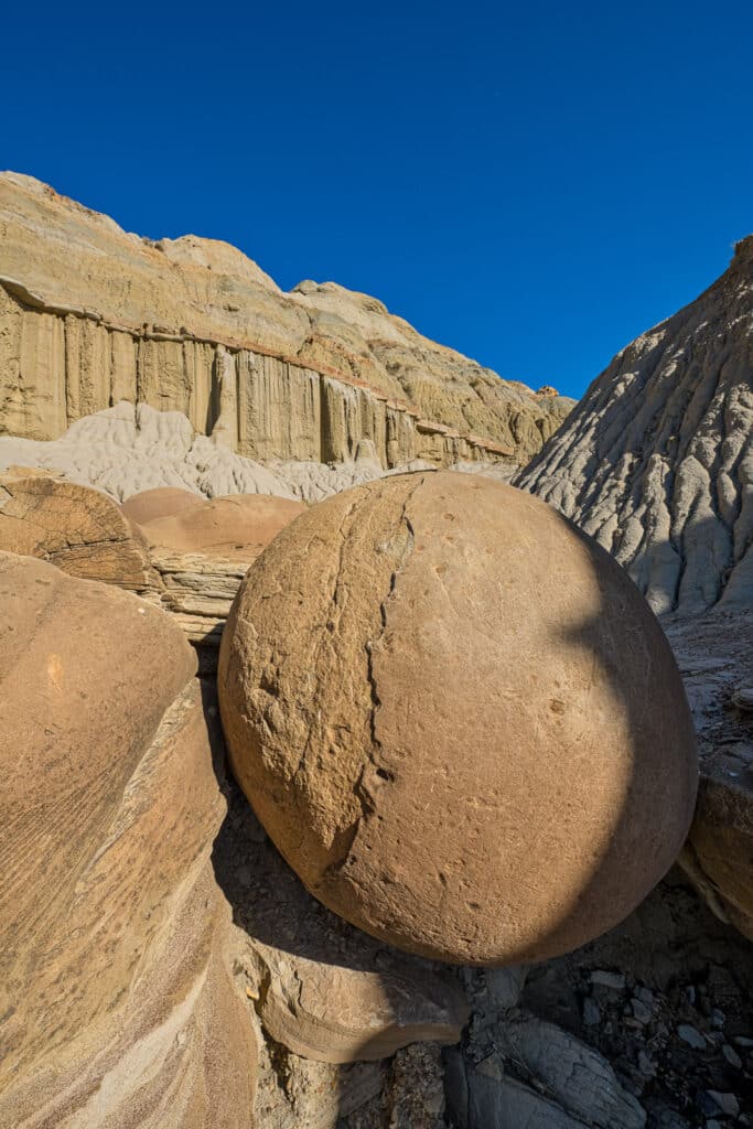 Close up of Cannonball concretions in hoodoos in the badlands of Theodore Roosevelt National Park, North Unit, in North Dakota.