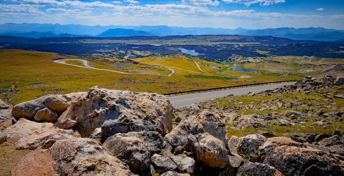 A view of the Beartooth Highway switchbacks, heading down from Beartooth Pass.